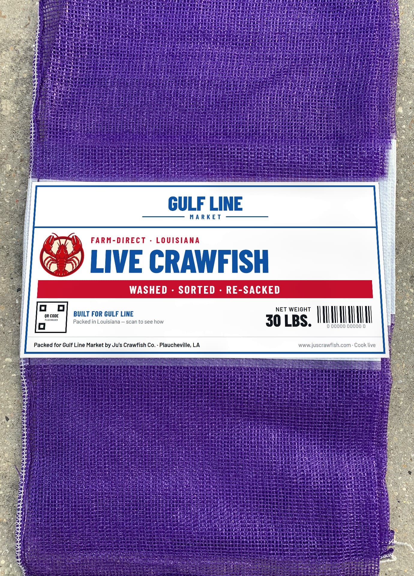 A 30 lb live crawfish sack printed with a band carrying the Gulf Line Market brand