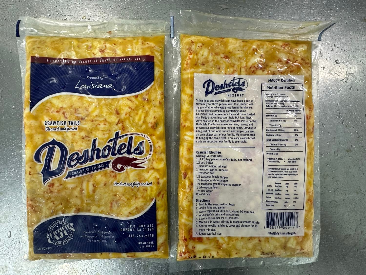 Front and back of a Deshotels Crawfish Farms crawfish tail meat bag, a Ju's Crawfish Company brand, showing the Louisiana label and étouffée recipe