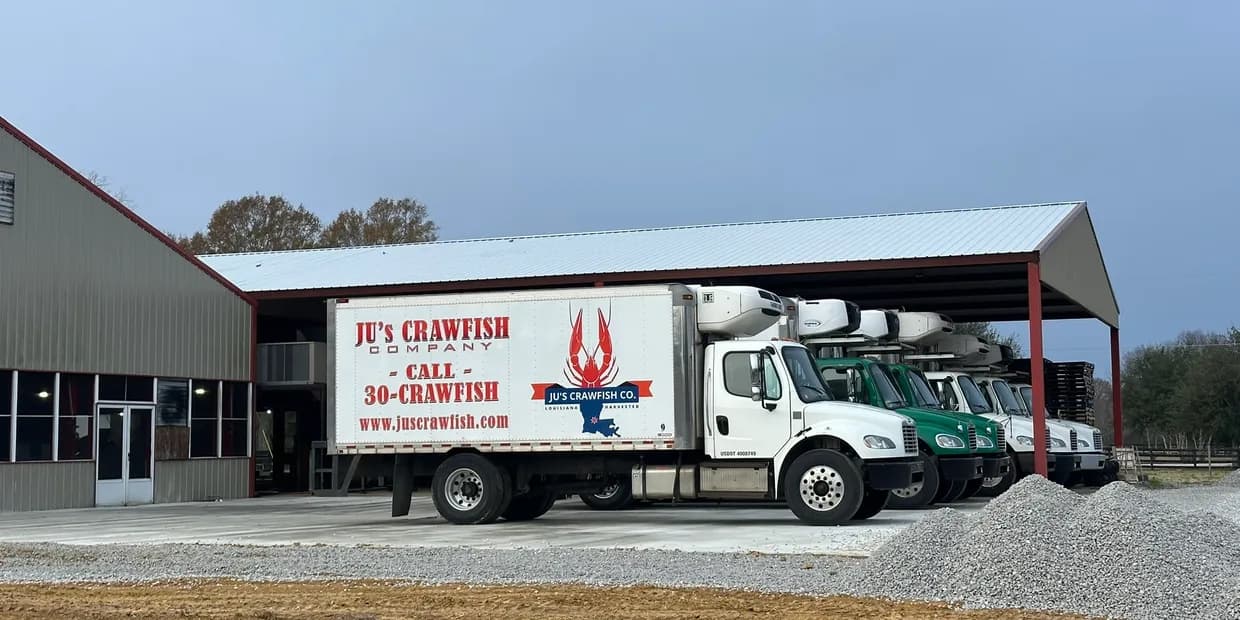 Ju's Crawfish Company refrigerated delivery fleet lined up under the loading shed
